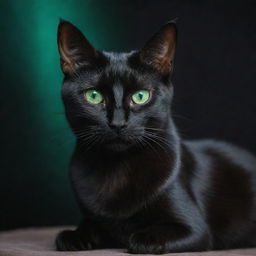 A sleek and elegant black cat with emerald green eyes, sitting poised in a mysterious ambiance.