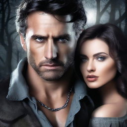 Create a book cover for 'The Cursed Alpha's Mistress' featuring a handsome, cruel-looking man with grey eyes and a sweet, kind female lead