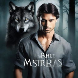 Create a book cover for 'The Cursed Alpha's Mistress' featuring a handsome, cruel-looking man with grey eyes and a sweet, kind female lead