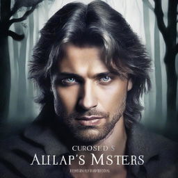 Create a book cover for 'The Cursed Alpha's Mistress' featuring a handsome, cruel-looking man with grey eyes and a sweet, kind female lead