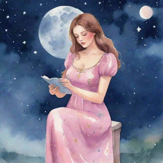 Watercolor-style illustration of a slightly curvy girl in a pink dress, reading tarot cards under a moonlit night sky