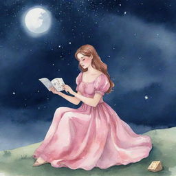 Watercolor-style illustration of a slightly curvy girl in a pink dress, reading tarot cards under a moonlit night sky