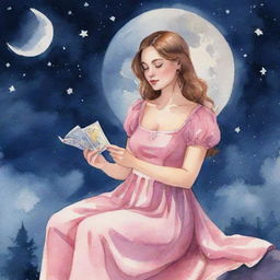 Watercolor-style illustration of a slightly curvy girl in a pink dress, reading tarot cards under a moonlit night sky