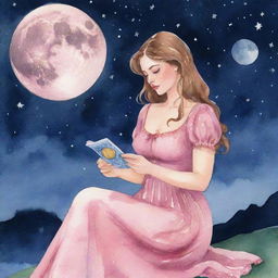 Watercolor-style illustration of a slightly curvy girl in a pink dress, reading tarot cards under a moonlit night sky