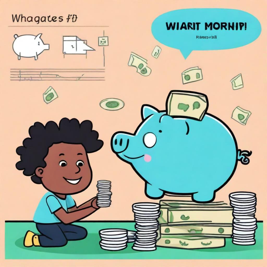 Create a thumbnail for a video titled 'What is money and how do we use it?' The background should be a vibrant, cheerful color like sky blue or bright green, suitable for kids