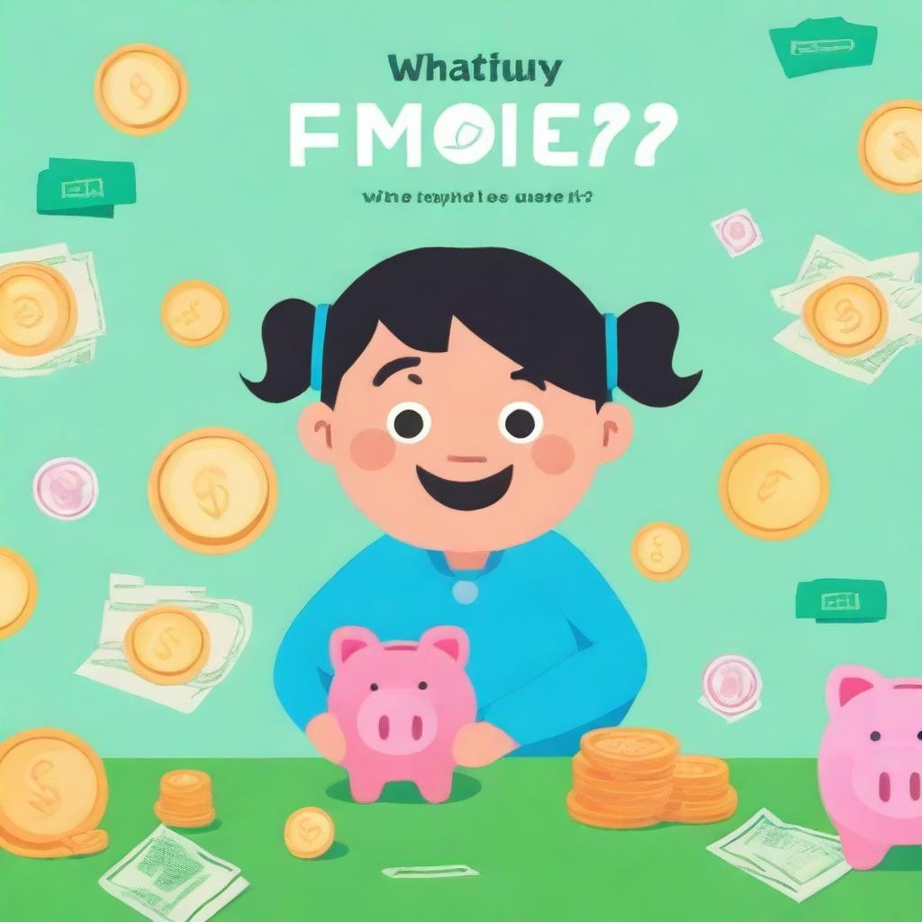 Create a thumbnail for a video titled 'What is money and how do we use it?' The background should be a vibrant, cheerful color like sky blue or bright green, suitable for kids