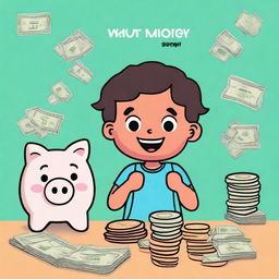 Create a thumbnail for a video titled 'What is money and how do we use it?' The background should be a vibrant, cheerful color like sky blue or bright green, suitable for kids