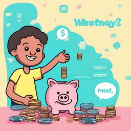 Create a thumbnail for a video titled 'What is money and how do we use it?' The background should be a vibrant, cheerful color like sky blue or bright green, suitable for kids