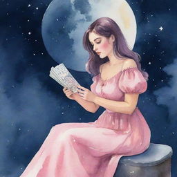 Animated watercolor-style illustration of a slightly curvy girl in a pink dress, reading tarot cards under a moonlit night sky