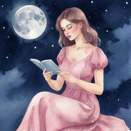 Animated watercolor-style illustration of a slightly curvy girl in a pink dress, reading tarot cards under a moonlit night sky