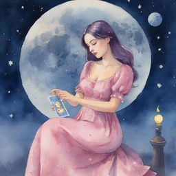 Animated watercolor-style illustration of a slightly curvy girl in a pink dress, reading tarot cards under a moonlit night sky