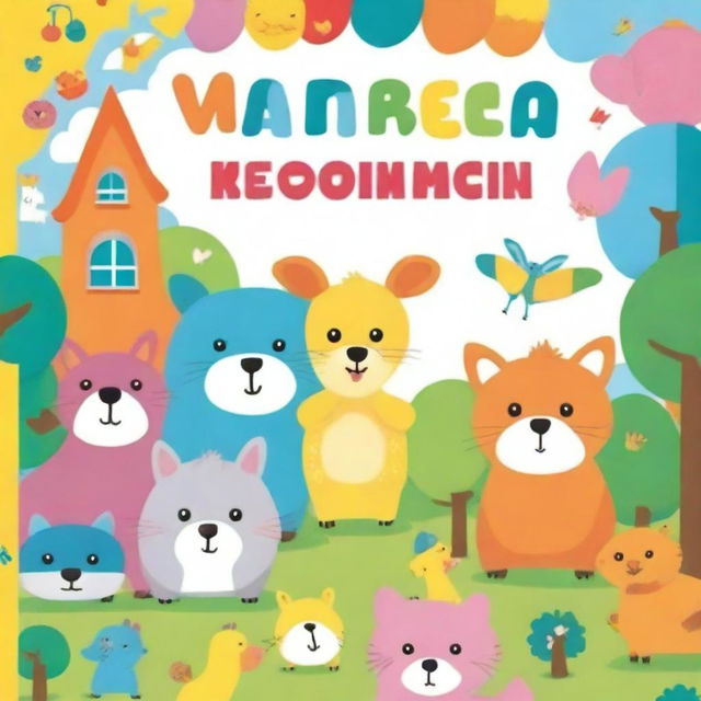 A colorful and cheerful kindergarten book cover featuring cute animals, playful children, and bright, inviting backgrounds