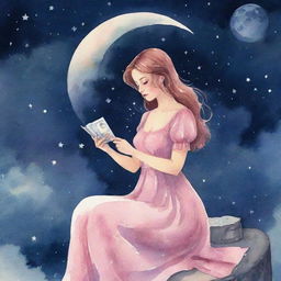 Animated watercolor-style illustration of a slightly curvy girl in a pink dress, reading tarot cards under a moonlit night sky