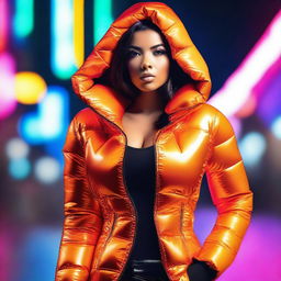 A fashionable woman wearing a tight, shiny orange puffer corset, posing confidently in a modern urban environment with vibrant neon lights