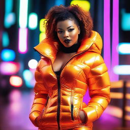 A fashionable woman wearing a tight, shiny orange puffer corset, posing confidently in a modern urban environment with vibrant neon lights