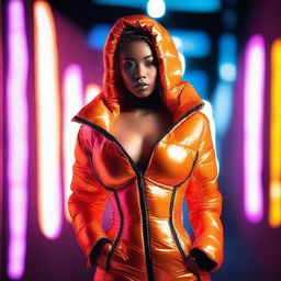 A fashionable woman wearing a tight, shiny orange puffer corset, posing confidently in a modern urban environment with vibrant neon lights