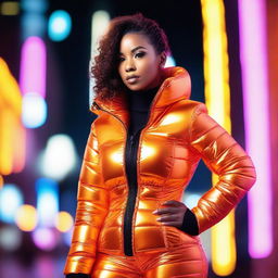 A fashionable woman wearing a tight, shiny orange puffer corset, posing confidently in a modern urban environment with vibrant neon lights