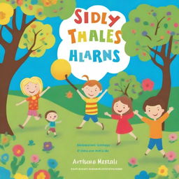 A colorful and playful children's book cover featuring kids playing happily in a park, with trees, flowers, and a bright blue sky