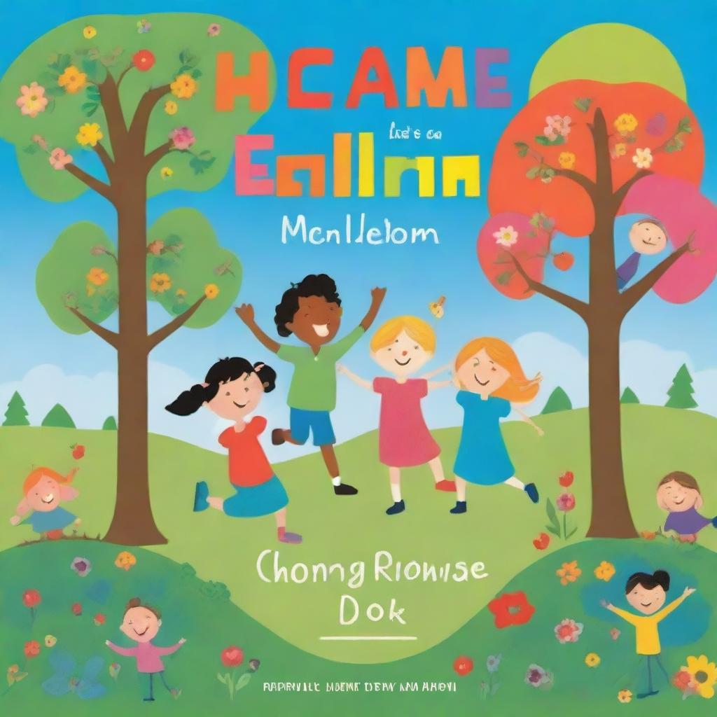 A colorful and playful children's book cover featuring kids playing happily in a park, with trees, flowers, and a bright blue sky