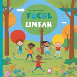 A colorful and playful children's book cover featuring kids playing happily in a park, with trees, flowers, and a bright blue sky