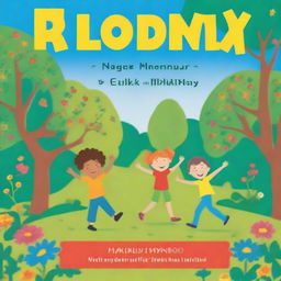 A colorful and playful children's book cover featuring kids playing happily in a park, with trees, flowers, and a bright blue sky