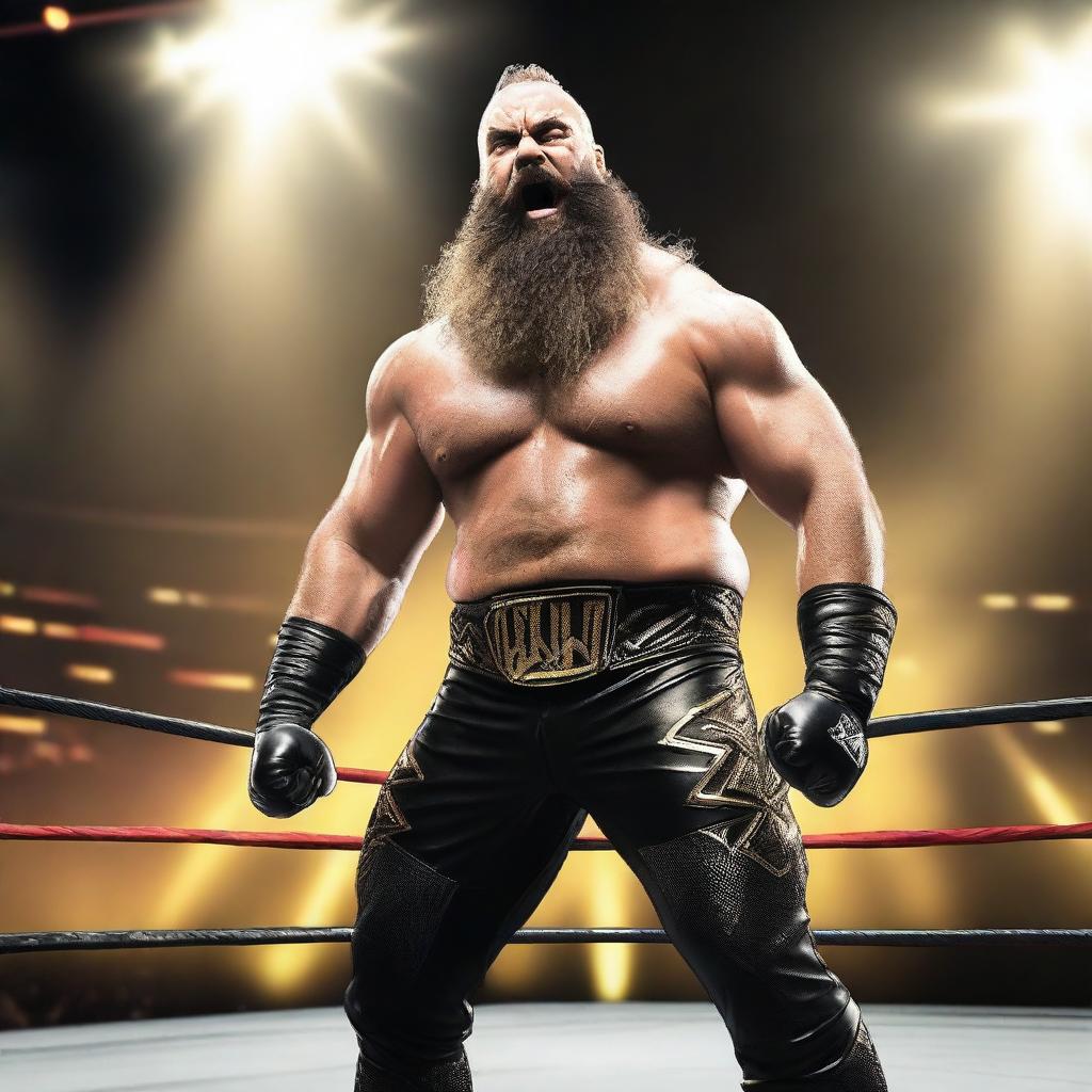 Create an image of Braun Strowman, the WWE wrestler, in a dynamic wrestling pose inside a WWE ring