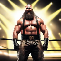 Create an image of Braun Strowman, the WWE wrestler, in a dynamic wrestling pose inside a WWE ring