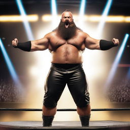 Create an image of Braun Strowman, the WWE wrestler, in a dynamic wrestling pose inside a WWE ring