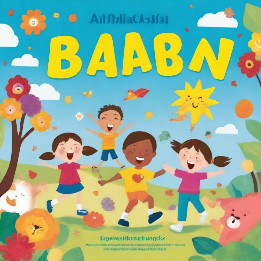 A joyful and colorful children's book cover titled 'Anak Bahagia' featuring happy children playing outdoors with elements like sunshine, flowers, and animals