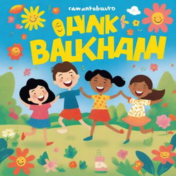 A joyful and colorful children's book cover titled 'Anak Bahagia' featuring happy children playing outdoors with elements like sunshine, flowers, and animals