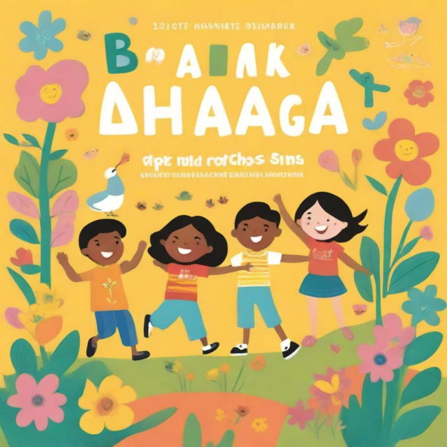 A joyful and colorful children's book cover titled 'Anak Bahagia' featuring happy children playing outdoors with elements like sunshine, flowers, and animals