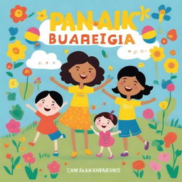 A joyful and colorful children's book cover titled 'Anak Bahagia' featuring happy children playing outdoors with elements like sunshine, flowers, and animals