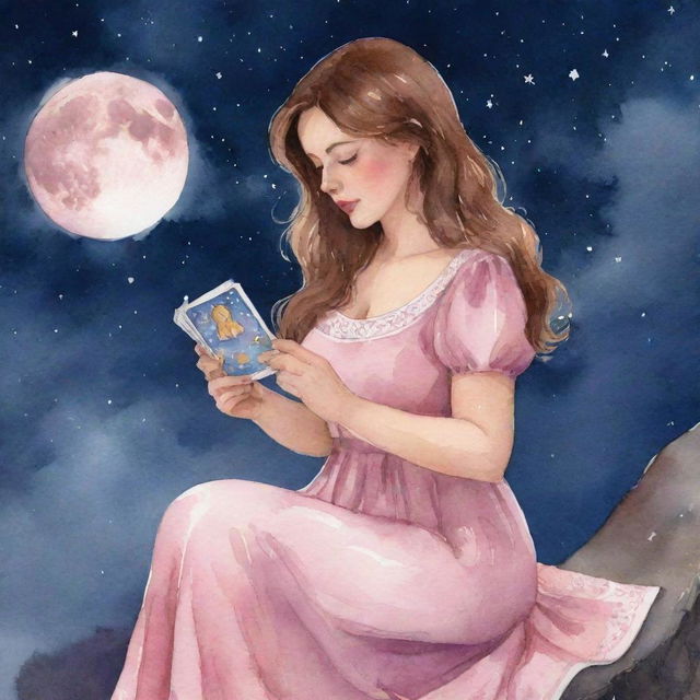 Animated watercolor-style illustration of a curvy girl with brown hair, in a pink dress, reading tarot cards under a moonlit night sky