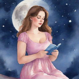 Animated watercolor-style illustration of a curvy girl with brown hair, in a pink dress, reading tarot cards under a moonlit night sky