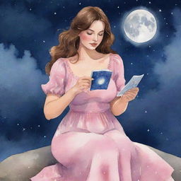 Animated watercolor-style illustration of a curvy girl with brown hair, in a pink dress, reading tarot cards under a moonlit night sky