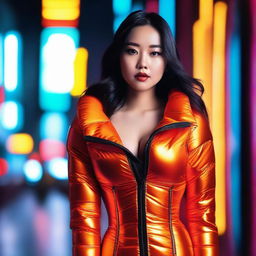 A fashionable Asian woman wearing a tight, shiny orange puffer corset, posing confidently