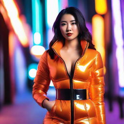 A fashionable Asian woman wearing a tight, shiny orange puffer corset, posing confidently