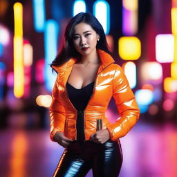 A fashionable Asian woman wearing a tight, shiny orange puffer corset, posing confidently