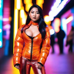 A fashionable Asian woman wearing a tight, shiny orange puffer corset, posing confidently