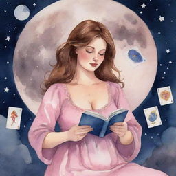 Animated watercolor-style illustration of a curvy girl with brown hair, in a pink dress, reading tarot cards under a moonlit night sky