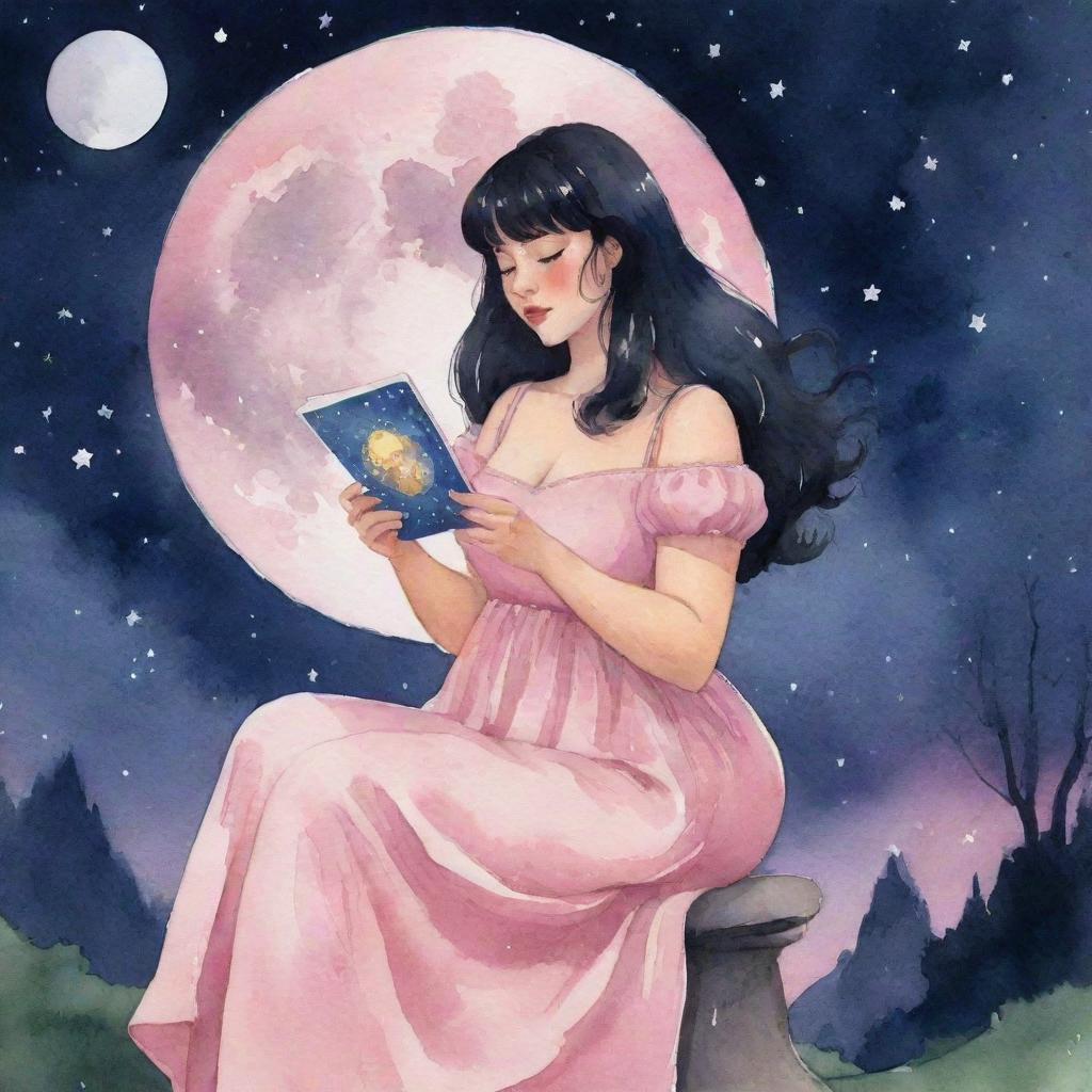 Animated watercolor-style illustration of a curvy girl with black hair and bangs, in a pink dress, reading tarot cards under a moonlit night sky