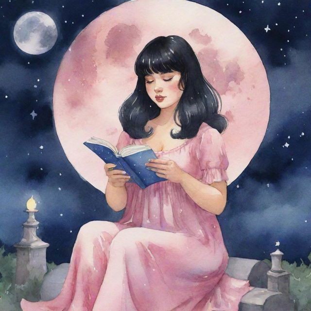 Animated watercolor-style illustration of a curvy girl with black hair and bangs, in a pink dress, reading tarot cards under a moonlit night sky