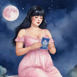 Animated watercolor-style illustration of a curvy girl with black hair and bangs, in a pink dress, reading tarot cards under a moonlit night sky