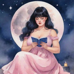 Animated watercolor-style illustration of a curvy girl with black hair and bangs, in a pink dress, reading tarot cards under a moonlit night sky