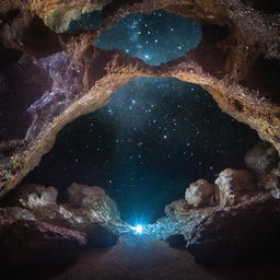 A deep, luminous cave filled with shining crystals, with a mesmerizing view of a distant galaxy visible from the cave's entrance