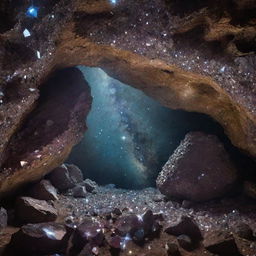 A deep, luminous cave filled with shining crystals, with a mesmerizing view of a distant galaxy visible from the cave's entrance