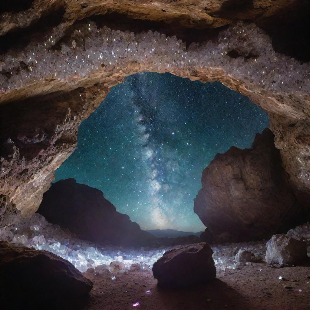 A deep, luminous cave filled with shining crystals, with a mesmerizing view of a distant galaxy visible from the cave's entrance