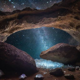 A deep, luminous cave filled with shining crystals, with a mesmerizing view of a distant galaxy visible from the cave's entrance