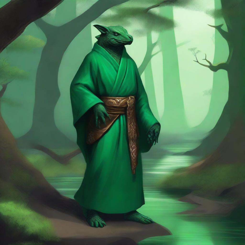 A majestic emerald dragonborn monk standing in a serene, mystical forest