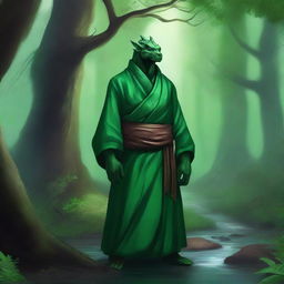 A majestic emerald dragonborn monk standing in a serene, mystical forest